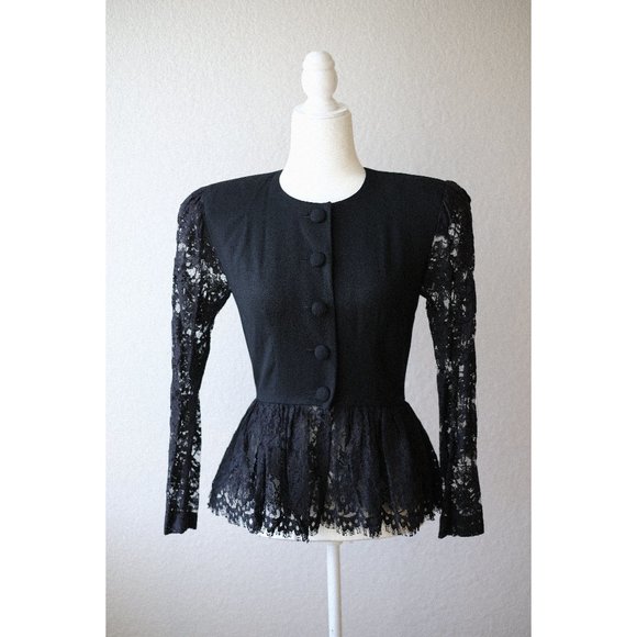 80s Vintage Black Lace Button-Up with Shoulder Pads - Picture 1 of 4